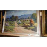 A mid 20th century oil on board country lane scene signed L R Evans.