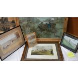 Four framed hunting prints, the larger being hunt crossing a river and measuring 81 x 53 cm.