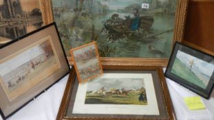 Four framed hunting prints, the larger being hunt crossing a river and measuring 81 x 53 cm.