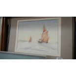 A framed and glazed watercolour of sailing boats.