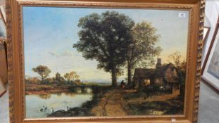 A large cottage scene print on canvas, cottage scene, 76 x 105 cm.