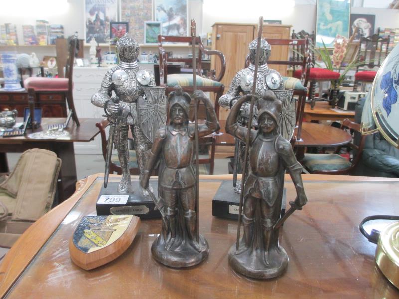 2 spelter knights and 2 plastic knights in armour