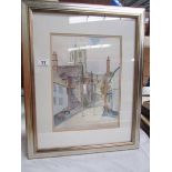 A framed and glazed watercolour street scene 'Church Steps' signed Sam Barden, image 34 x24,