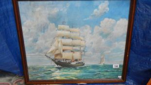 A well executed watercolour of a sailing ship, 66 x 46 cm.