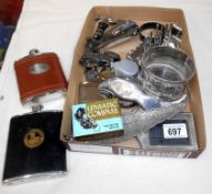 A mixed lot of plated items including hip flasks etc.