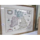 A framed and glazed map of England, Ireland and Scotland.