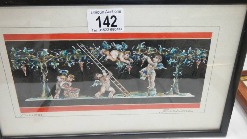 A framed and glazed French style watercolour depicting cherubs, 30 x 19 cm.