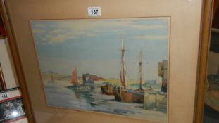 A framed and glazed watercolour entitled 'Barges in The Medwin' by Frank Sherwin.