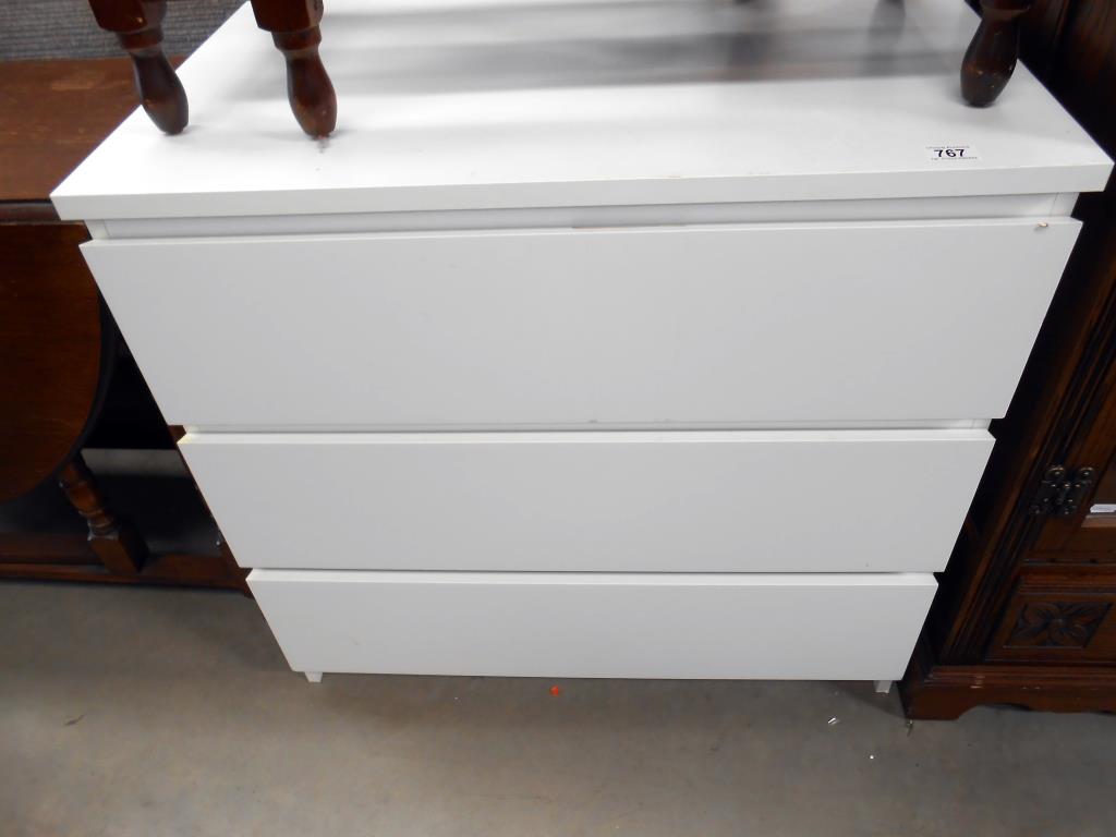 A white melamine 3 drawer bedroom chest of drawers 48cm x 81cm x 88cm