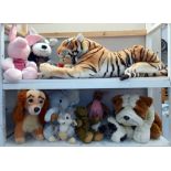2 shelves of toys including large Tiger, etc.