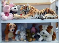 2 shelves of toys including large Tiger, etc.