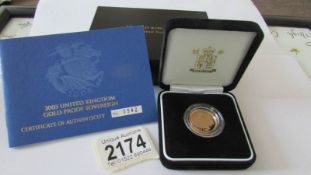 A 2005 gold proof sovereign.