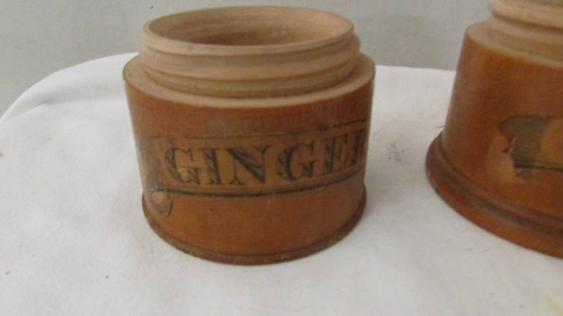 A three part turned wood spice storage drum, 15 cm tall. - Image 3 of 5