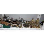 A selection of metalware including brass blacksmiths, silver plated fighting cocks,