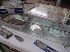 A quantity of silver plated Queen Anne trays and other items including cake server/slices