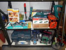 Quantity of hand tools on 2 shelves such as bench grinder, Bosch planer, orbital sander drill bits,