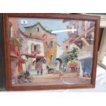 A framed and glazed continental street scene print signed Toyly John, image 53 x 43 cm,