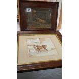 An oak framed watercolour stable scene and an oak framed stable scene print,