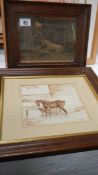 An oak framed watercolour stable scene and an oak framed stable scene print,