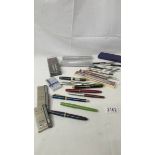 A mixed lot of pens including 8 fountain pens, 15 Parker pens, in refills etc.