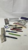 A mixed lot of pens including 8 fountain pens, 15 Parker pens, in refills etc.