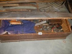 An old pine tool box and tools.