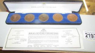 A cased set of five Royal Centenary pennies - Victoria 1837 - 1901, Edward VII 1901 -1910,