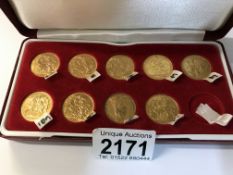 9 cased gold sovereigns - Geo V South Africa 1927, George V Canada 1911, George V India 1918,