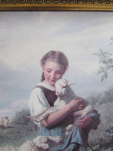 A gilt framed hand varnished print entitled 'The Shepherdess' by J B Hofnor, image 38 x 26, - Image 2 of 4