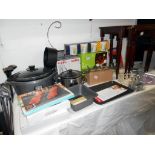 A quantity of kitchenalia including slow cooker plus some new bathroom items