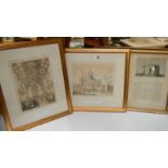 Three old framed and glazed engravings, 2 of rugby Chapels the other Bowes Castle, Yorkshire,