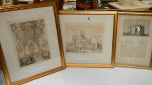 Three old framed and glazed engravings, 2 of rugby Chapels the other Bowes Castle, Yorkshire,