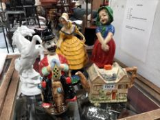 2 1930's figures, a white horse, a clown & a cottage teapot,