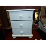 A white painted 3 drawer bedroom chest of drawers 44cm x 38cm x height 58cm