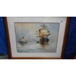 A good painting of sailing ships signed Ken Robinson, 72 x 58 cm.