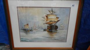 A good painting of sailing ships signed Ken Robinson, 72 x 58 cm.