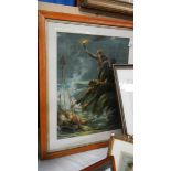 A birds eye maple framed and glazed scene of a fisherman rescuing children in a stormy sea.