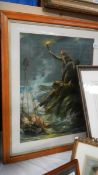 A birds eye maple framed and glazed scene of a fisherman rescuing children in a stormy sea.