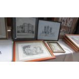 Four framed and glazed engravings including Kenilworth castle and St. Georges Hospital.