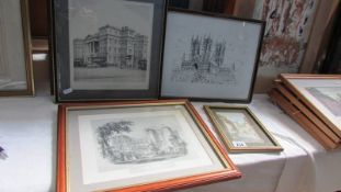 Four framed and glazed engravings including Kenilworth castle and St. Georges Hospital.