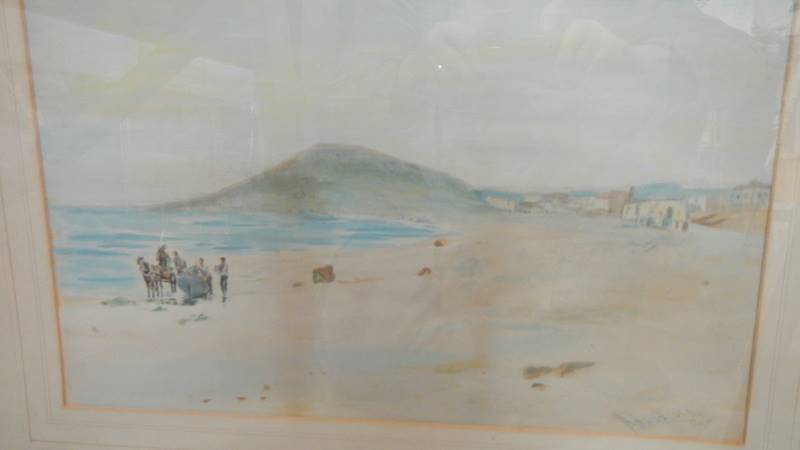An early 20th century framed and glazed beach scene watercolour signed A Handcock, 72 x 56.5 cm.