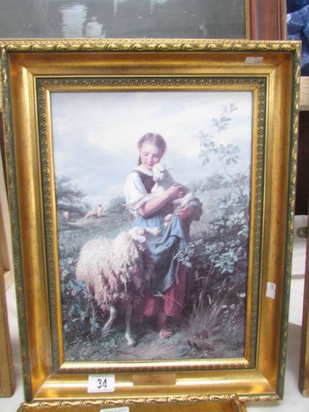 A gilt framed hand varnished print entitled 'The Shepherdess' by J B Hofnor, image 38 x 26,