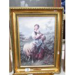 A gilt framed hand varnished print entitled 'The Shepherdess' by J B Hofnor, image 38 x 26,
