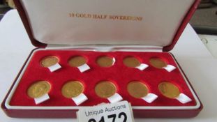 10 cased gold half sovereigns - Victoria young head 1879 shield back, Victoria J H 1892 shield back,