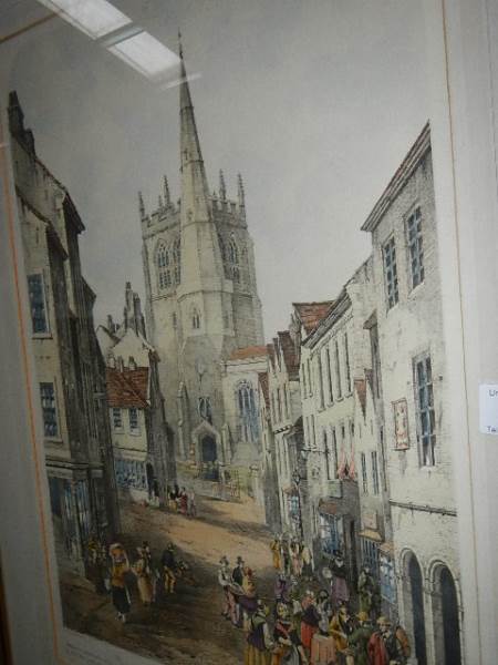 A framed and glazed limited edition engraving of Ormskirk Church, signed, 318/360.