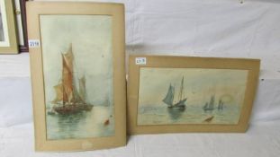 A pair of early 20th century unframed nautical watercolours signed M e Wedlake, 1917,