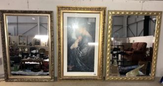 A gilt framed bevel edge mirror & 1 other & a classical style print of a female