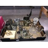 A collection of metalware, pewter, tankards, decanter etc.