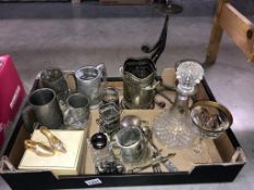 A collection of metalware, pewter, tankards, decanter etc.