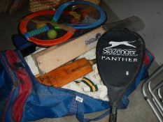 A mixed lot of sport related equipment including cricket etc.